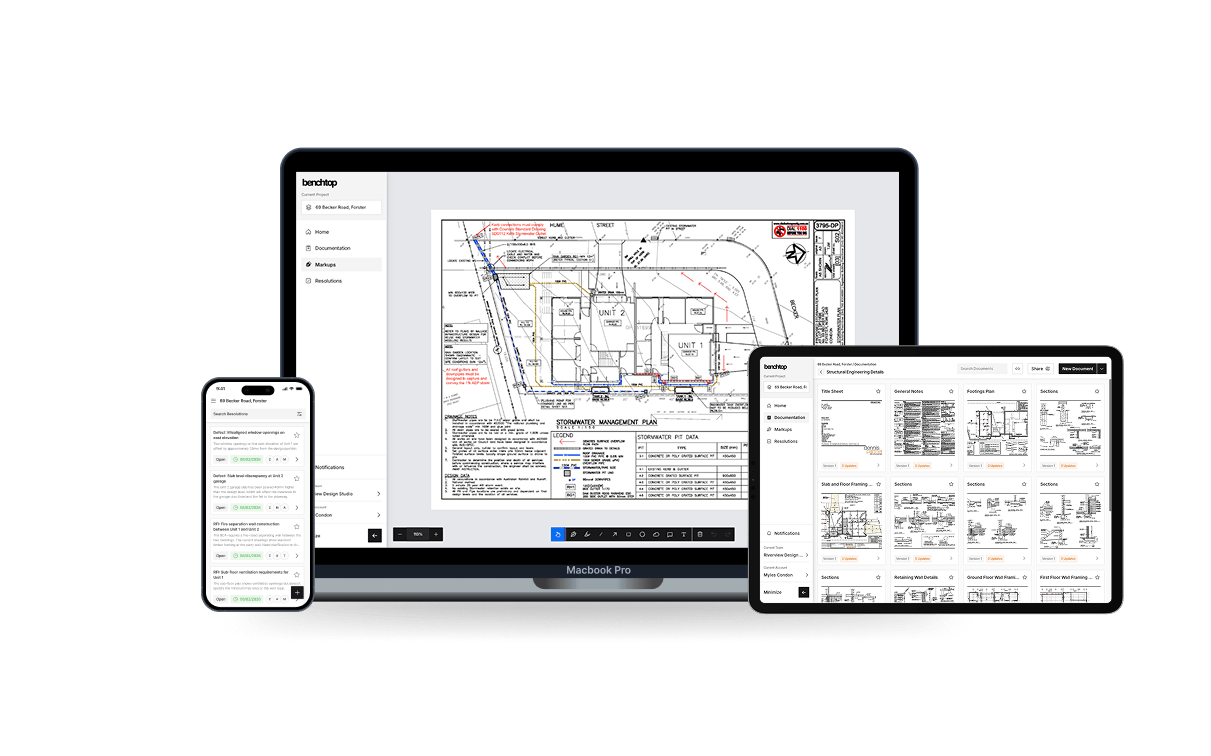 Benchtop project management platform shown across desktop, tablet and mobile devices