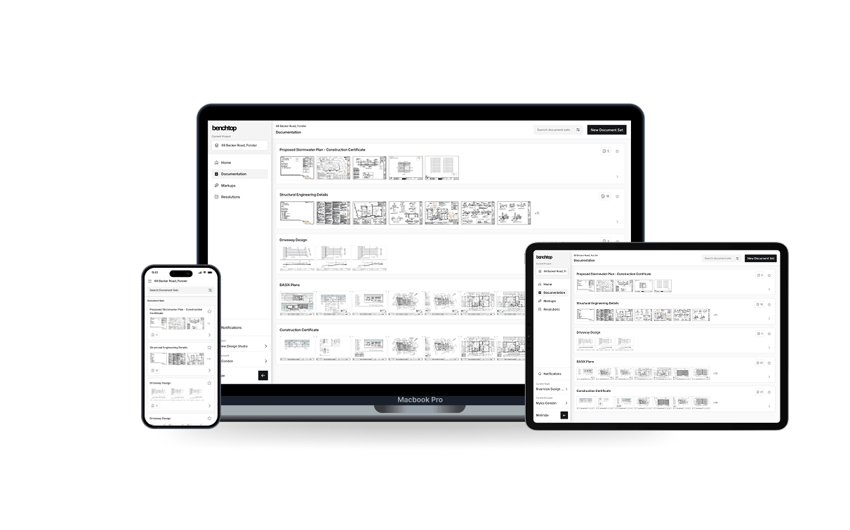 Benchtop document management interface showing organised construction project files