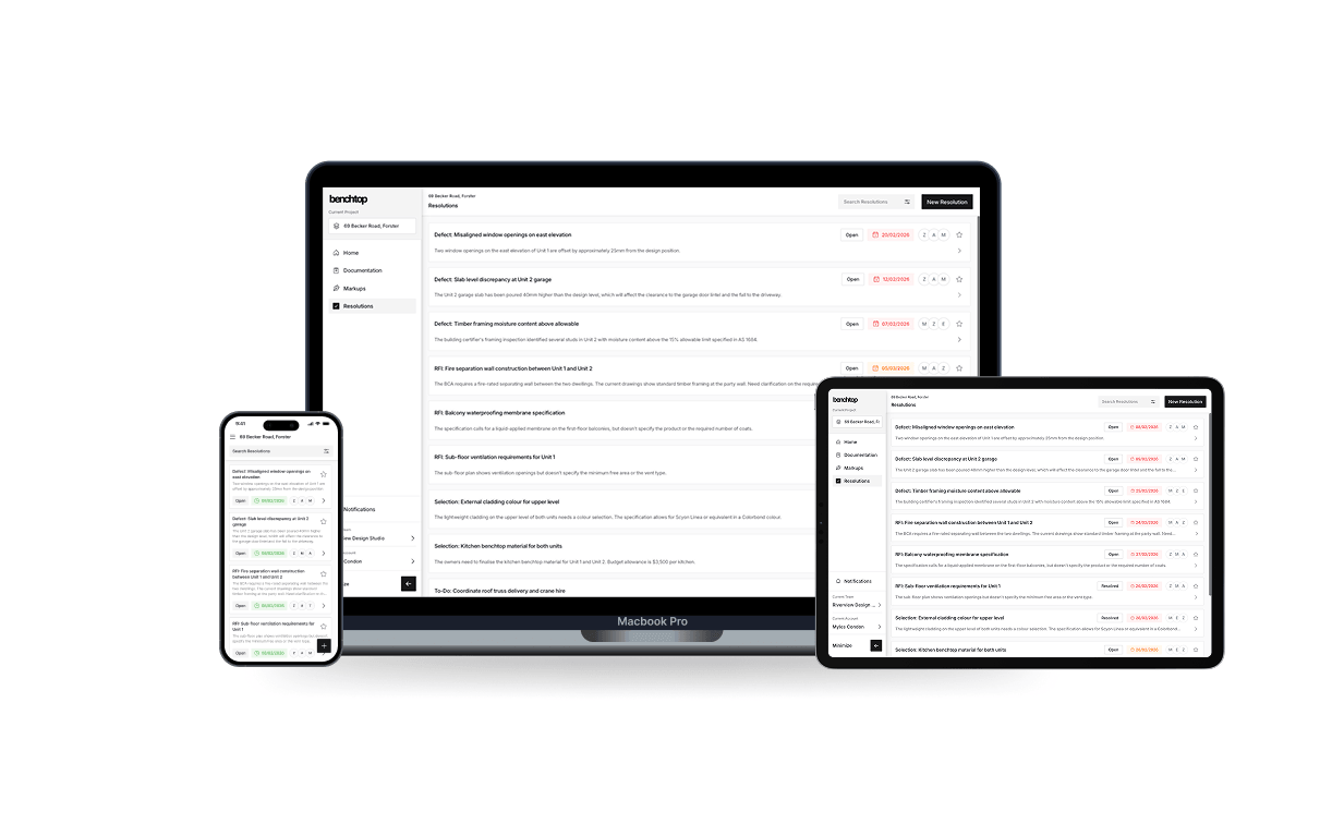 Resolution tracking dashboard with audit trail for construction project decisions